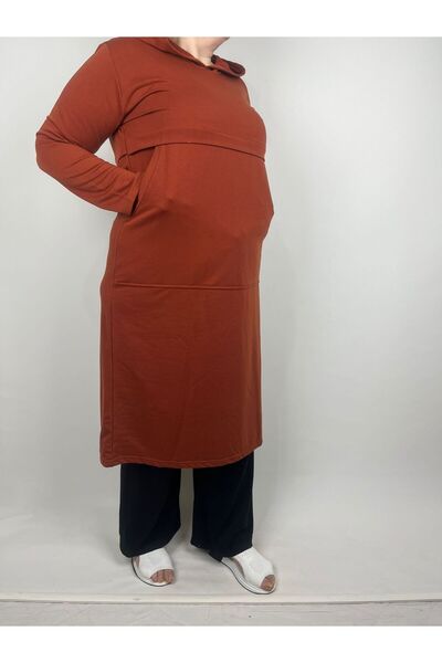YAŞAR TRİKO Women's Tile Robe Two Side Whole Pocket Hooded Long Sleeve Two Thread Tunic