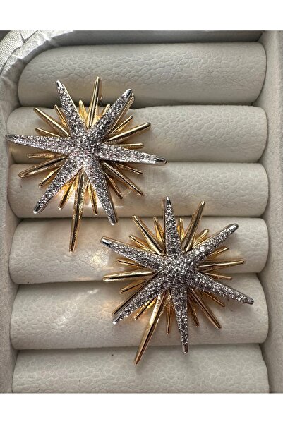 TarzımHane Gold Zirkon Taş Detaylı Çift Renk Kutup Yıldızı Pirinç Küpe