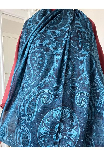 AMİNENESİL Aminenesil Ethnic Pattern Soft Cotton Shawl Petrol Blue Color