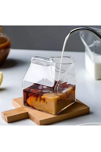 STOREMAX Ntwork Milk Box Design Glass Cup - Stylish Presentation for Coffee, Milk, Cocktail Art 1087243