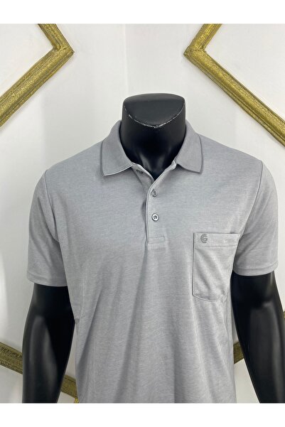 Sadık Collection Ercan Men's Large Size Polo Neck Short Sleeve Pocket Gray Color T-Shirt 0170