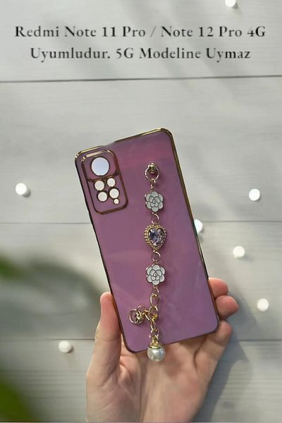 Kılıforyum حافظة ملونة لهاتف Redmi Note 12 Pro 4G / Note 11 Pro 4G بإطار ذهبي مع سلسلة على شكل قلب زهري