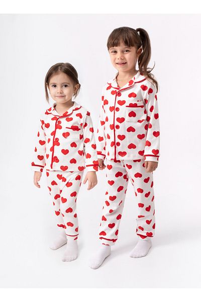Bolly Baby Baby Girl's and Children's Pjamas Set Crossbody Collar Big Heart Printed Button Detail