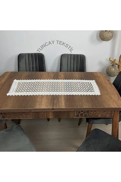 TUNCAY TEKSTİL Τραπεζομάντιλο Τραπεζάκι σαλονιού με μοτίβο αράχνης Guipure Polyester Runner Ranır Τραπεζομάντιλο Γαλλικό Guipure Λευκό