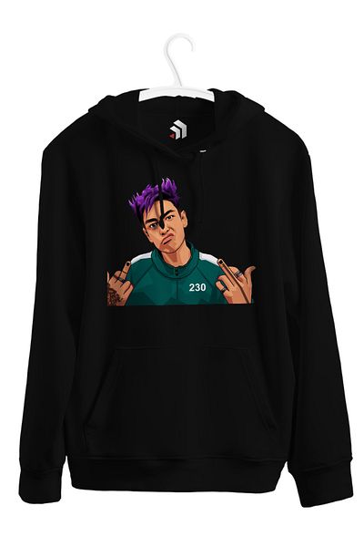 karikatürstore Squid Game - Thanos Printed Black Hooded Hoodie Sweatshirt