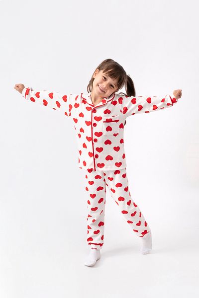 Bolly Baby Baby Girl's and Children's Pjamas Set Crossbody Collar Big Heart Printed Button Detail