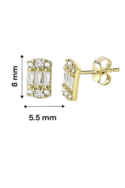 jelux silver Gümüş 925 Ayar 9*7 Mm Minimalist Baget Kesim Zirkon Taşlı Gold Küpe