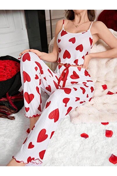 MEYLİYA Red Heart Crop Παντελόνι και Σετ Πιτζάμες Ζαρτιέρες - Ειδικό για την Ημέρα του Αγίου Βαλεντίνου