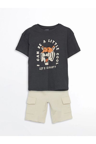 LC Waikiki Lcw Kids Anthracite Crew Neck Printed Boys T-Shirts and Shorts 2-Piece