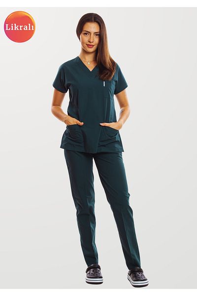 Simirna Üniforma Hunter Green Premium Fabric Lycra Surgical Doctor Nurse Jersey Scrubs Suit