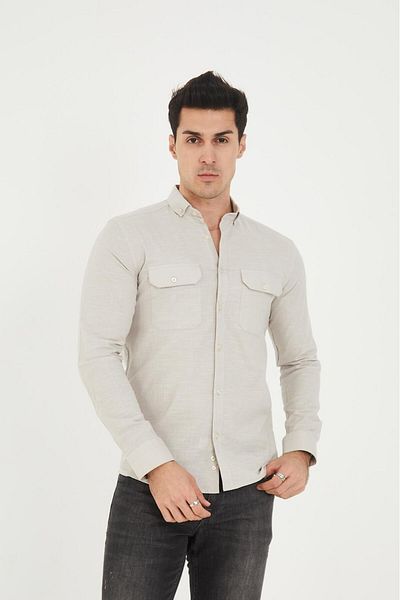 jack carisma Мъжка риза Slim Fit с двоен джоб, ликра, памук и лен, текстура