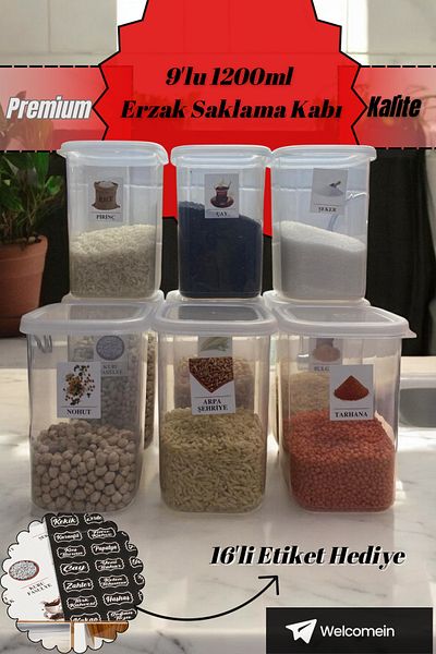 welcomein 1.2 Lt Clear Food Grocery Storage Set - Storage Container and Dowry with 9 Labels