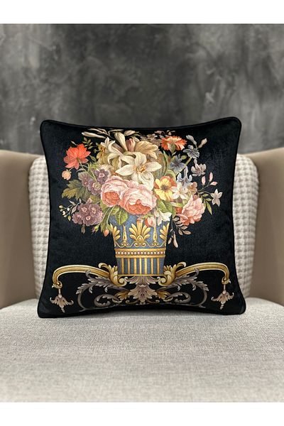 Fabricland Husă de pernă din catifea de mătase importată Damasc cu model negru (MOLAN DUBLĂ)