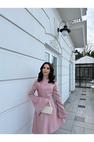 BEYZATURAN Pink Alya Dress - Long Slit Flared Skirt and Made Sleeve