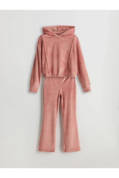 LC Waikiki Lcw Kids Pink Hooded Velvet Girls Sweatshirt & Leggings
