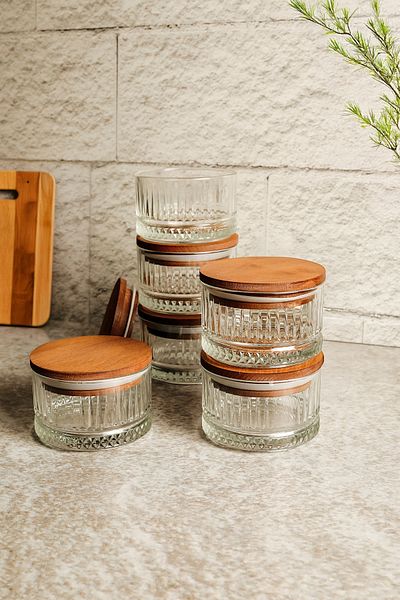 ZURİ DESİGN Set of 6 Wooden Glass Storage Containers with Vacuum Lid, 225 ml – for Breakfast and Multi-Purpose Use