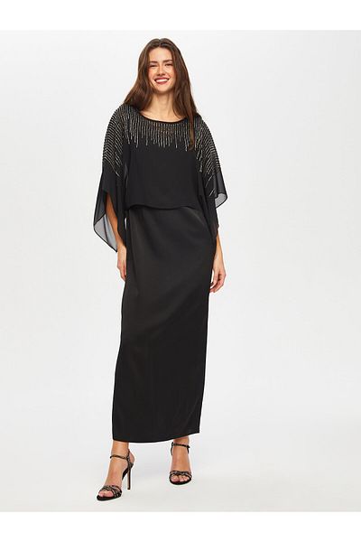 Faik Sönmez Beading and Stone Embroidered Chiffon Cape Long Evening Dress 009