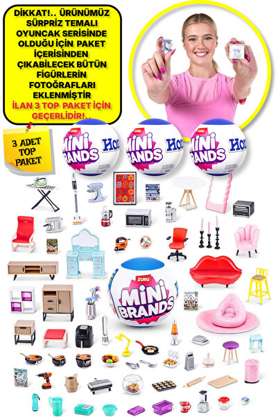 TOYFEST 3 Adet Mini Brands Mini Home Ev Eşyası Sürpriz Fügürleri Top Paket - ...