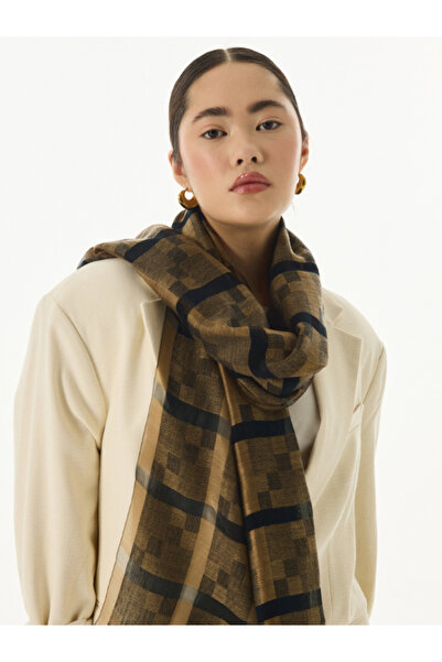 FENZA SCARF %40 İpek %60 Yün Desenli Omuz Şalı - Hardal