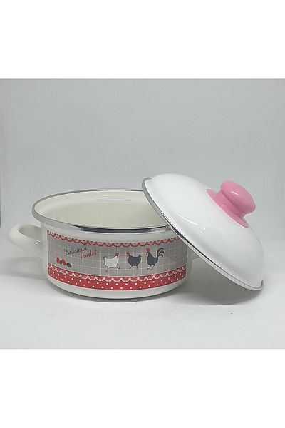 Avşar Enamel House 18 cm Diameter 1.5 Liter Chicken Decor Enamel Cooker