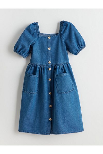 LC Waikiki Rochie de jeans pentru fete LCW Kids Indigo cu guler pătrat