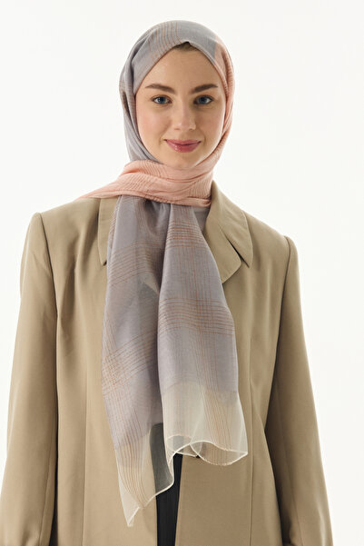FENZA SCARF Şerit Desenli %40 İpek %60 Yün Şal - Somon