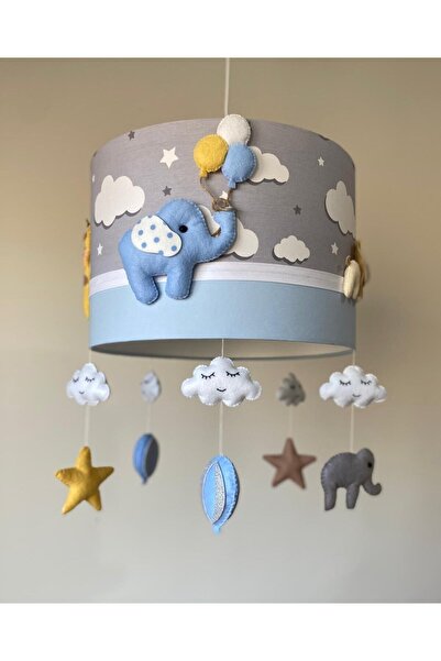 Leobabyroom Gri Bulutlu Beyaz Şeritli Mavi Renk Karışık Renk Hayvan Figürlü Çocuk / Bebek Odası Tasarım Avize