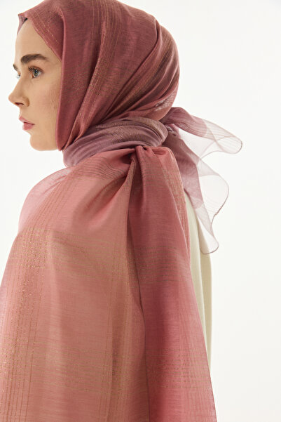 FENZA SCARF Şerit Desenli %40 İpek %60 Yün Şal - Gül Kurusu