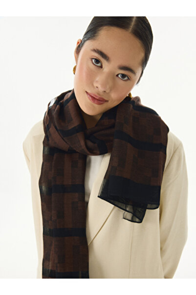 FENZA SCARF %40 İpek %60 Yün Desenli Omuz Şalı - Kahve