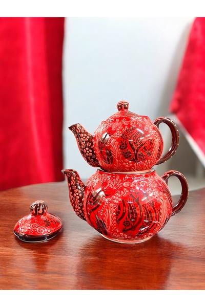 STORESZA El Yapımı Çini Sarı Demlik Takımı - 4 Parça (Dekoratif Çaydanlık Seti)