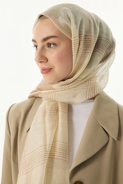 FENZA SCARF Stripe Patterned 40% Silk 60% Wool Shawl - Ecru