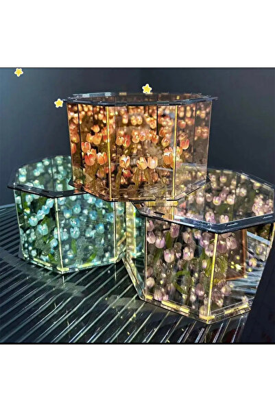 BGA Gül Lale Çiçek Aynalı Led Gece Lamba Masa Üstü Led Gül Çiçek Lamba 15x10cm Pil Dahil