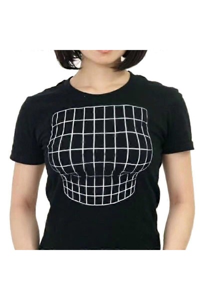 NoVibe Tricou amuzant 100% bumbac cu imprimeu Big Bust Illusion