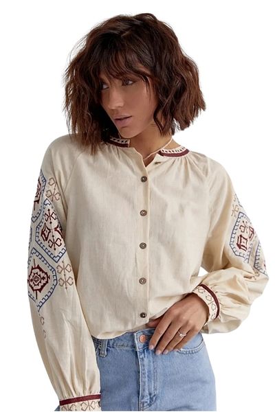 Cassime Cămașă vintage din bumbac de culoare bej - cu model etnic și broderie