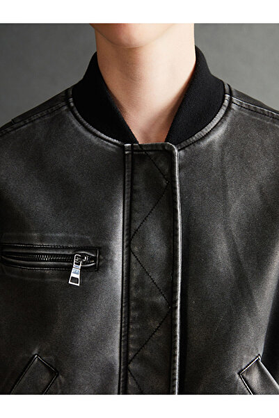 LC Waikiki Black College Collar Women's Leather Look Coat