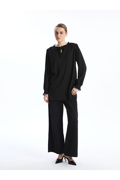 LC Waikiki Women's Tunic with Tie-Up Collar and Textured Ruffles