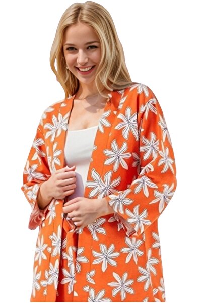 Cassime Orange Floral Patterned Linen Kimono - Summer Design