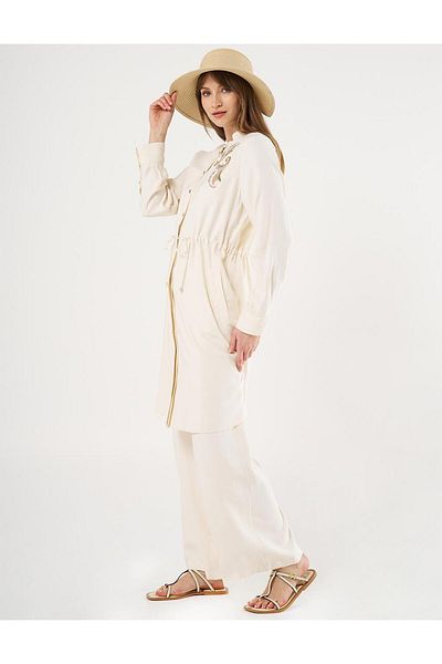 Kayra Ecru Long Tunic - Embroidery Applique and Waist Drawstring