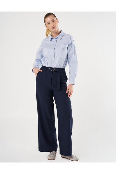 Kayra Metal Buckle Detailed High Waist Trousers Dark Navy