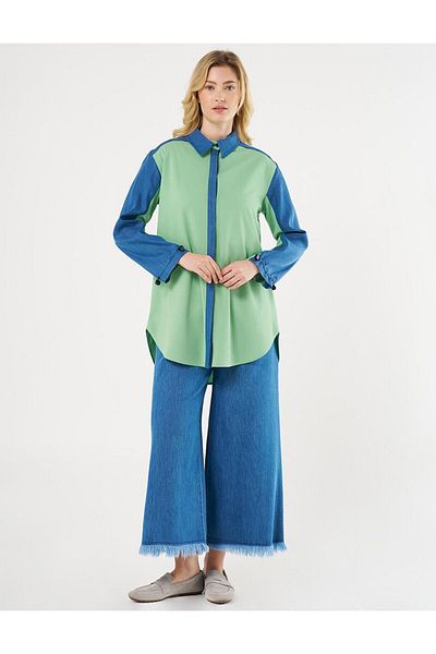 Kayra Denim Garnished Shirt Collar Tunic Light Green
