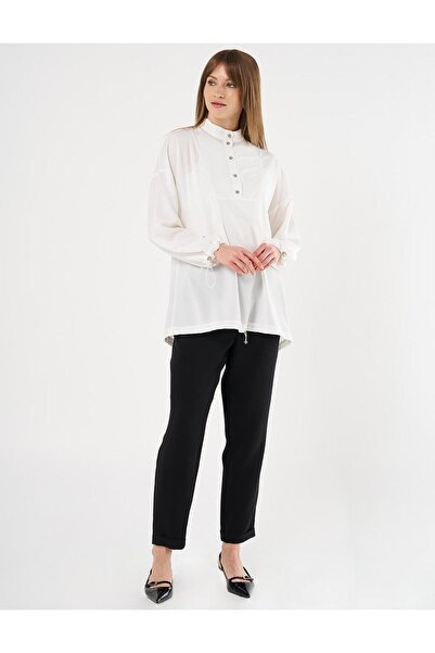 Kayra Λευκό Οπτικό Τουνίκ - Κολάρο με γυαλιστερό κουμπί