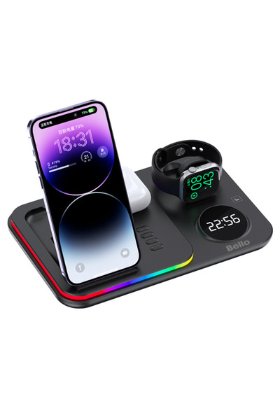 Tech&bello accessories 5in1 Telefon Saat Kulaklık Wireless Şarj Cihazı Rgb Işıklı Katlanabilir 30w A82