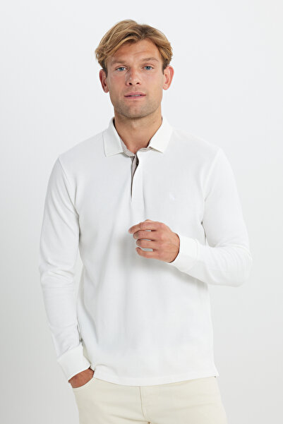 ALTINYILDIZ CLASSICS Ανδρικό λευκό 100% βαμβακερό μπλουζάκι με λεπτή εφαρμογή Polo με μακρυμάνικο λαιμόκοψη