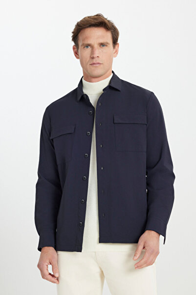 ALTINYILDIZ CLASSICS Мъжка тъмносиня риза с удобна кройка, яка и джоб с цип, ...