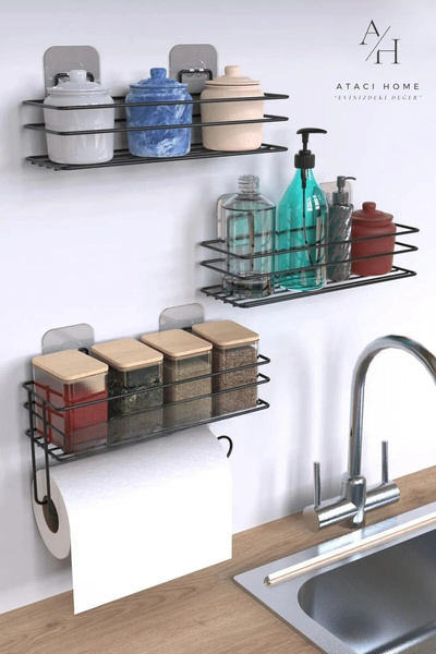 ATACI Yapışkanlı Mutfak Rafı Baharatlık 3Lü Metal Kağıt Havluluk Siyah Stantl...