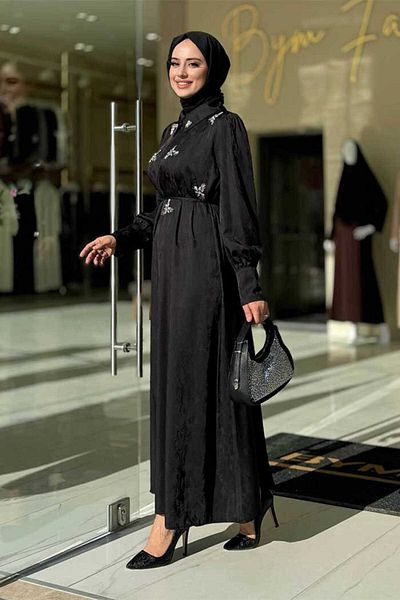 Bym Fashion Jacquard 3924 Black Dress - Stone Detail