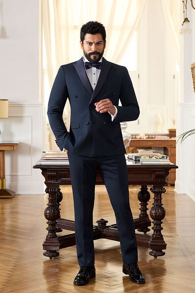 ALTINYILDIZ CLASSICS Men's Navy Blue Slim Fit Slim Fit Swallow Neck Patterned Double Breasted Tuxedo Suit