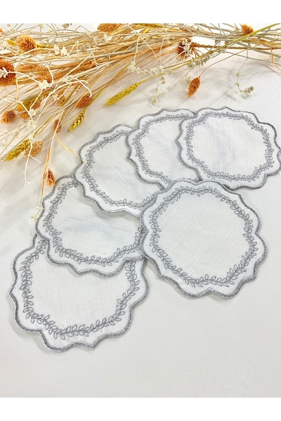 İNCİ ÇEYİZ 6 штук коктейльних серветок та підставок під склянки з вишивкою срібною ниткою на лляній тканині