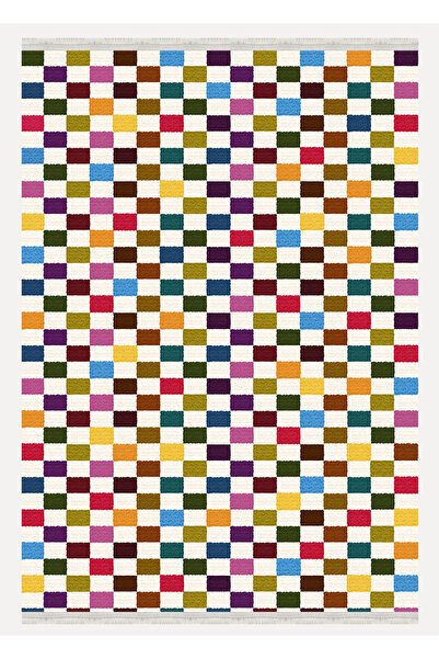 kilim home Mars halı Modern Kareli Desenli Renkli Pamuk  Dokuma Taban Halı E47