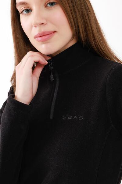 2AS Camila Kadın Yarım Fermuarlı İnce Polar Sweatshirt Siyah